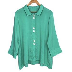 Fridaze Lagenlook Button Up Linen Tunic Top Womens L Boho Chic Artsy 3/4 Sleeves